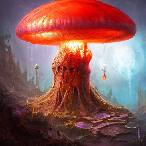 Prompt: amanita ocreata growing from the depths of hell, fantasy art, tyler edlin, dmt visuals