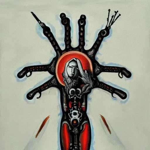 Prompt: painting of a biomechanical martyr oil stigmata