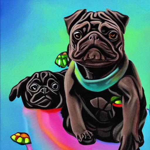 Image similar to a painting of a turtle riding a black pug, colourful, digital art