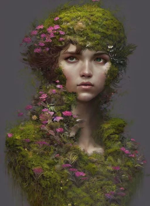 Prompt: a man made of moss and flowers, full body view, beautiful high quality realistic fantasy art, trending on artstation by artgerm and greg rutkowski and alphonse mucha