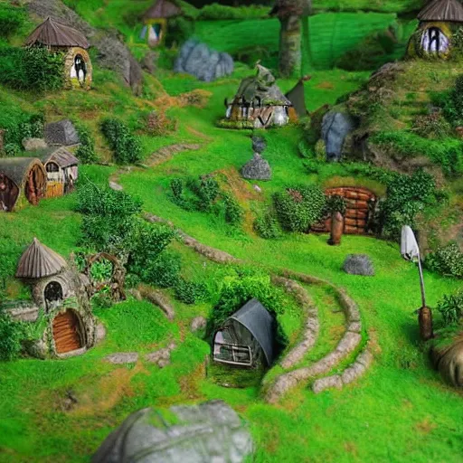 Image similar to the shire, hobbit village. green rolling hills, hobit mounds, hobbit people living life green open world colourful - rated, award winning, realistic, detailed lighting, detailed shadows
