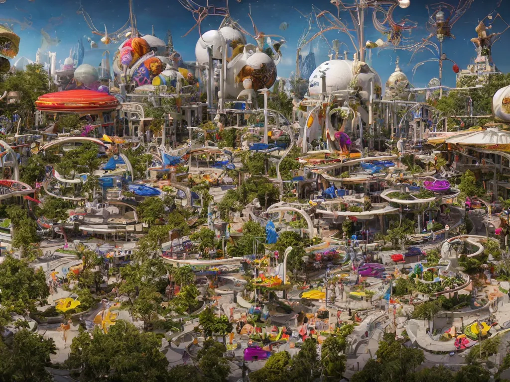 Image similar to a busy elaborate ornate outdoor science museum, cinematic, shadows, 4 k, detailed, by zaha hadid and lisa frank and peter jackson and ridley scott and beeple and greg rutowski