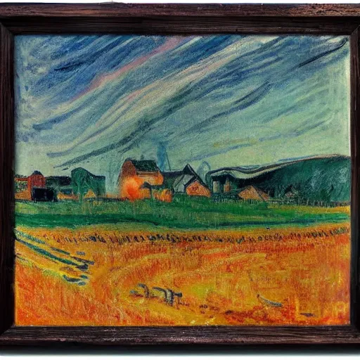 Prompt: a small vintage farm on fire in a corn field in the style of Edvard Munch