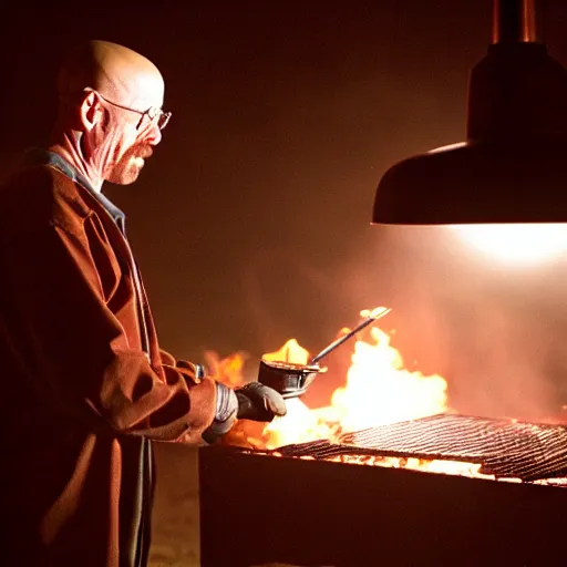 Prompt: Walter White grilling steaks in the desert, intense lighting, still from breaking bad
