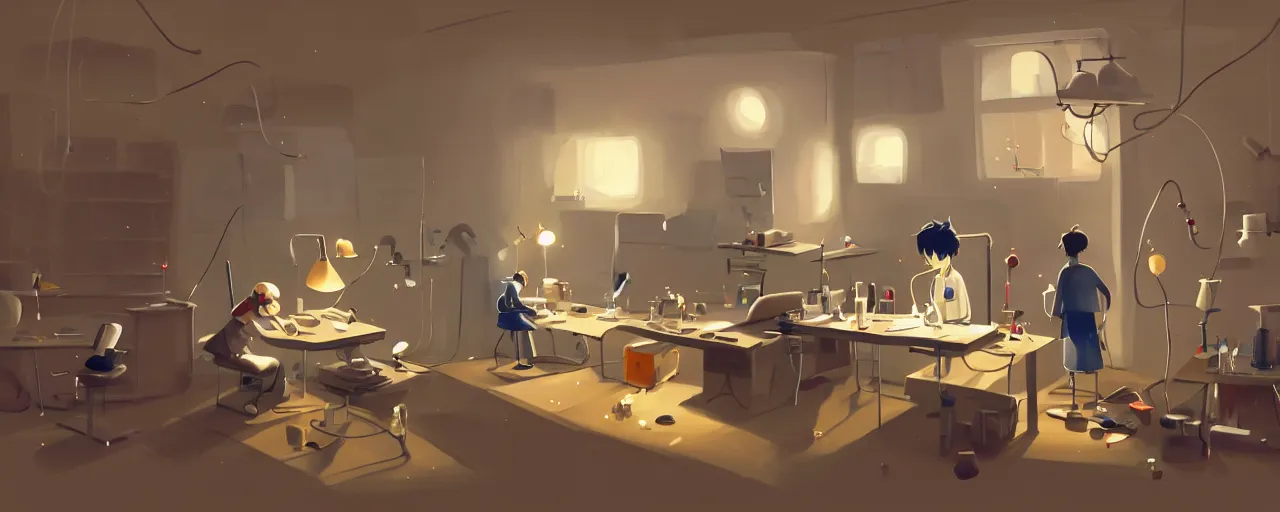 Image similar to goro fujita ilustration a science laboratory in a game dev studio office, explosion in the laboratory, small sparkles from computers, painting by goro fujita, sharp focus, highly detailed, artstation