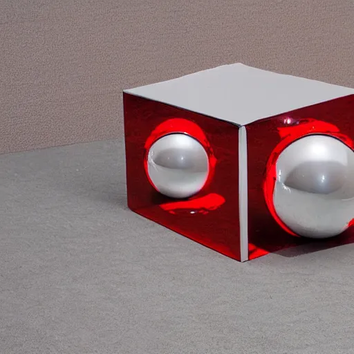 Prompt: chrome spheres on a red cube by joseph anton koch