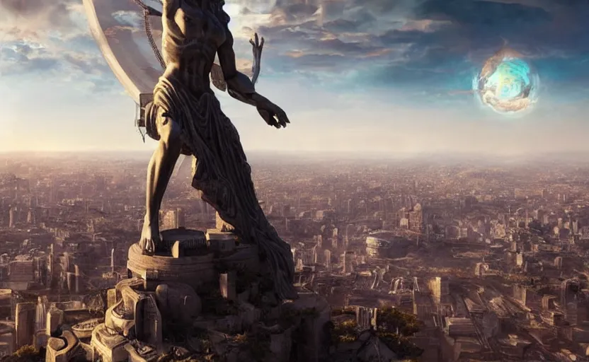 Prompt: giant statue of anunnaki god anu on top of a hill overlooking a cyberpunk city, hyperrealistic concept art, detailed, sharp focus, cgsociety, atmospheric lighting, art by artgerm and greg rutkowski and alphonse mucha