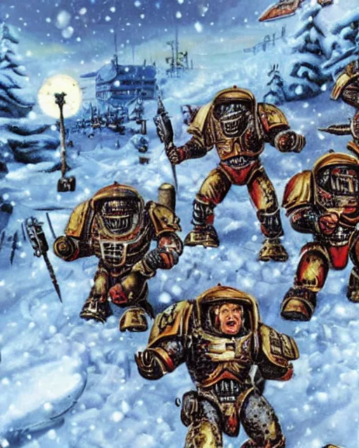 Image similar to postcard showing 'realistic warhammer space marines frollicking in the snow at christmas' laying on coffee table, zoomed out, HD, iphone capture