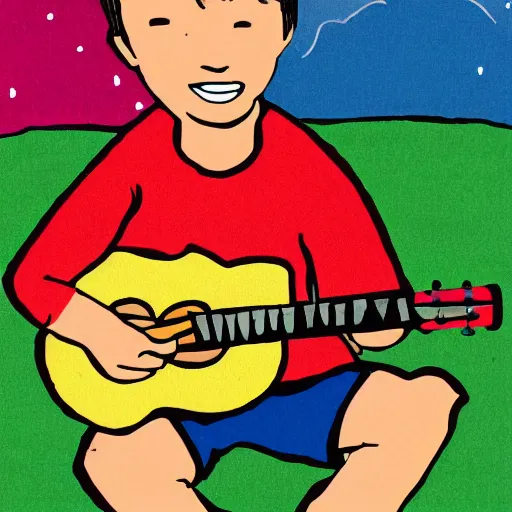 Image similar to illustration of a boy playing a ukulele