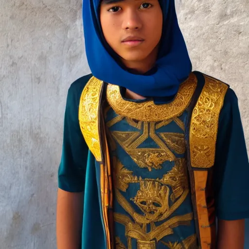 Prompt: teenage boy modeling malacca sultanate gear