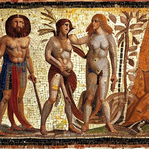 Prompt: a beautiful roman mosaic of adam, eve and the serpent by leonardo da vinci, rome, 1 5 0 0 ad