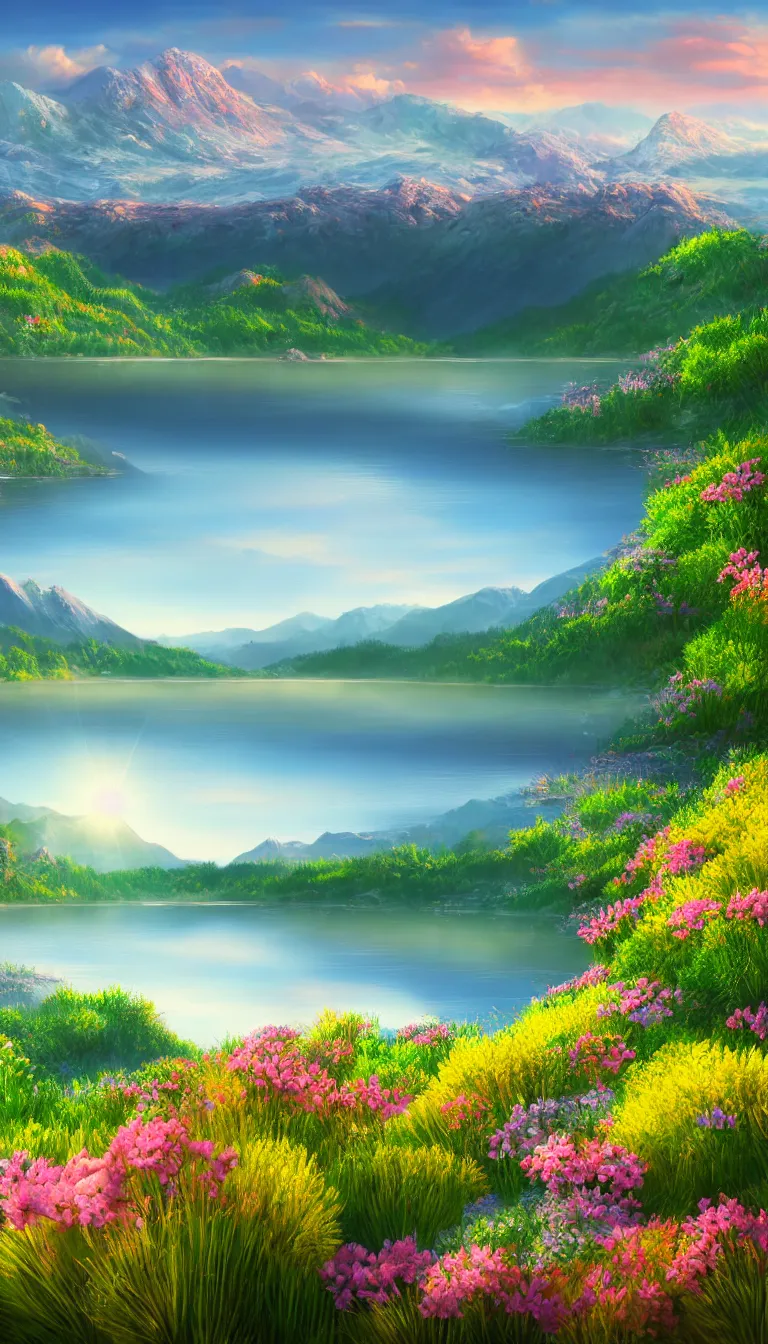 Prompt: highly detailed realistic landscape photo of calm lake, sunlit mountains in background, flowers in foreground, award winning photo, hyper realistic, concept art, 8 k detail post - processing
