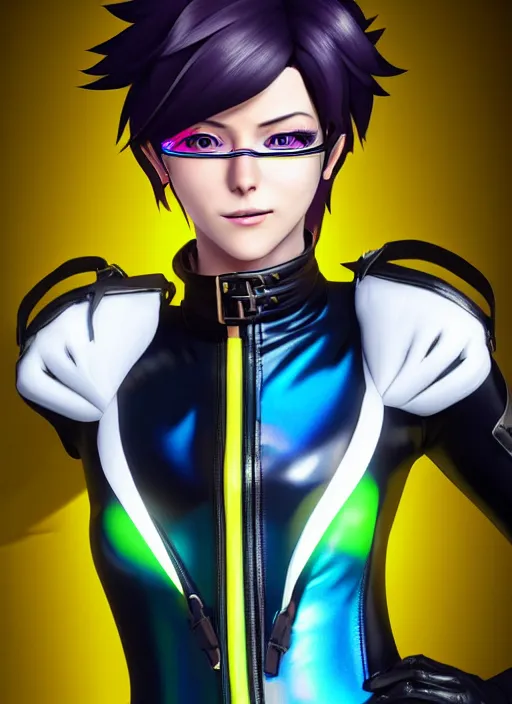 Image similar to portrait bust digital artwork of tracer overwatch, wearing iridescent rainbow latex and leather straps catsuit outfit, 4 k, expressive happy face, makeup, in style of mark arian, angel wings, wearing detailed leather collar, chains, black leather harness, detailed face and eyes,