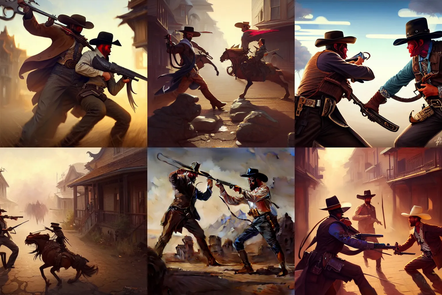 Prompt: ultra realistic illustration, duel between two gunmen in an old west town, intricate, highly detailed, digital painting, artstation, cgnode, concept art, smooth, sharp focus, cinematic lighting, colorful, art by artgerm and peter mohrbacher and fenghua zhong