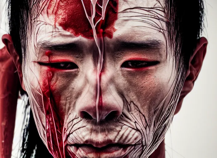 Image similar to mid shot portrait of samurai in battle, transparent skin, bones, muscle, veins, nerves, in the style of david cronenberg, high fashion, id magazine, realistic, sharp focus, 8 k high definition, film photography, photo realistic, insanely detailed, by david kostic and stanley lau and artgerm