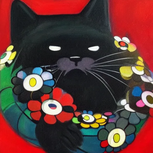 Prompt: an oil painting of a cute fat black cat sleeping in the style of takashi murakami