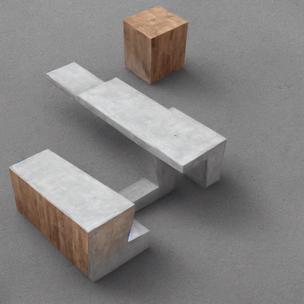 Prompt: high tech concrete bench cube, natural wood, minimal, dramatic lighting and composition, trending on artstation, concept art