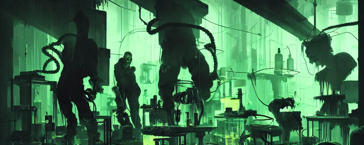 Image similar to duotone noir dark ghastly green concept illustration 3 / 4 portrait of frankenstein with experiments in laboratory. cinematic scene film noir. volumetric lighting. golden rario accidental renaissance. by sachin teng and sergey kolesov and ruan jia and heng z. graffiti art, scifi, fantasy, hyper detailed. octane render. concept art. trending on artstation