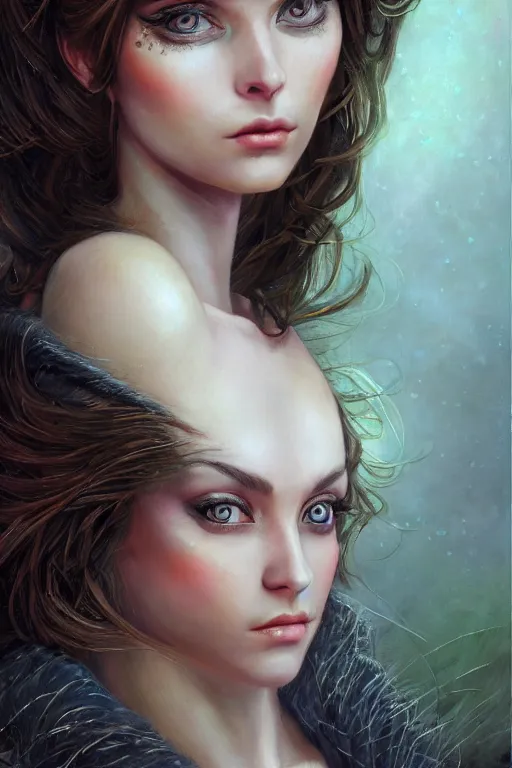 Image similar to high quality extremely detailed closeup portrait of a young attractive female necromancer looking away from the camera, dressed, realistic eyes, sparkle in eyes, no hands visible, fantasy, d & d, intricate, painting by lucian freud and mark brooks, hd