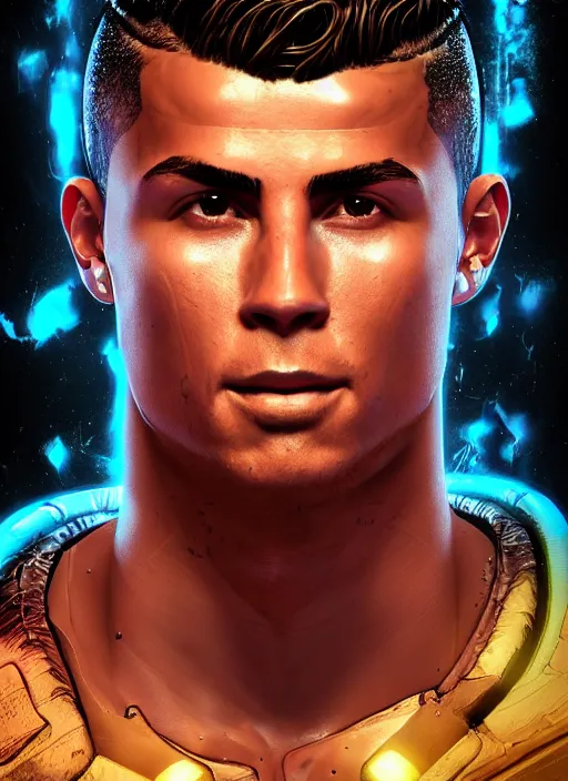 Image similar to glowwave portrait of cristiano ronaldo from borderlands 3, au naturel, hyper detailed, digital art, trending in artstation, cinematic lighting, studio quality, smooth render, unreal engine 5 rendered, octane rendered, art style by klimt and nixeu and ian sprigger and wlop and krenz cushart.