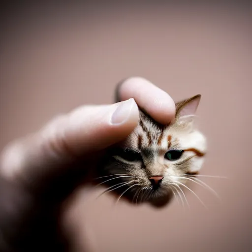 Prompt: tiny, microscopic cat, sitting on man's fingertip, macro, bokeh, open hand, grain of rice