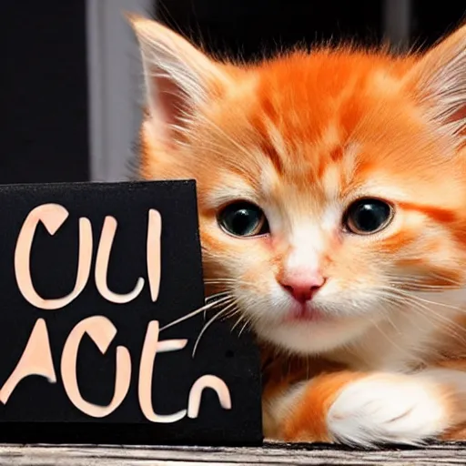 Image similar to cute fluffy orange tabby kitten with a sign that says