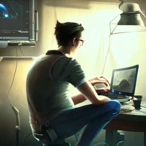 Image similar to realistic man using laptop in gaming room, artstation trends, sci fi concept art, highly detailed, intricate, sharp focus, digital art, 8 k