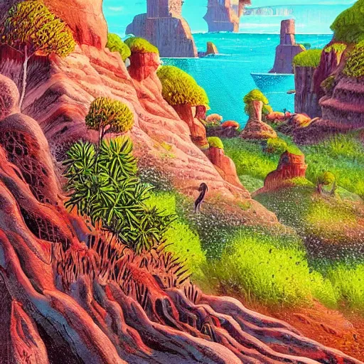 Image similar to illustration of a lush natural scene on an alien planet by brian millar. beautiful landscape. colourful weird vegetation. cliffs and water.