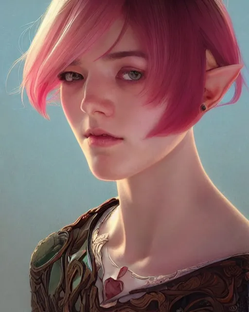 Image similar to portrait of a beautiful half elf girl with short pink layered bob haircut, intricate, elegant, highly detailed, digital painting, artstation, concept art, smooth, sharp focus, illustration, art by artgerm and greg rutkowski and alphonse mucha and uang guangjian and gil elvgren and sachin teng and wlop, symmetry