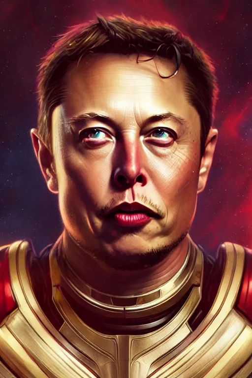 Image similar to elon musk as thor, realistic portrait, symmetrical, highly detailed, digital painting, artstation, concept art, smooth, sharp focus, illustration, cinematic lighting, art by artgerm and greg rutkowski and alphonse mucha