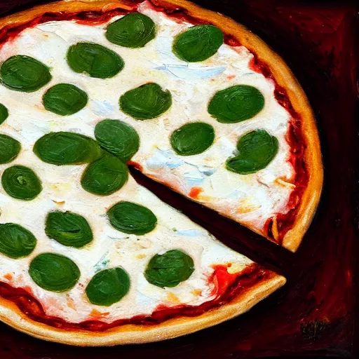 Image similar to an impasto oil painting of a pizza magherita, 4 k resolution, italy, white red and green color schemea