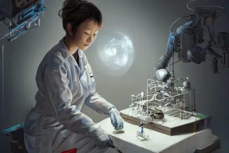 Prompt: hyperrealistic photography of a female scientist constructing a birth machine in the style of Jin Kagetsu, James Jean and wlop, highly detailed, masterpiece, award-winning, sharp focus, intricate concept art, digital painting, ambient lighting, 4k, artstation