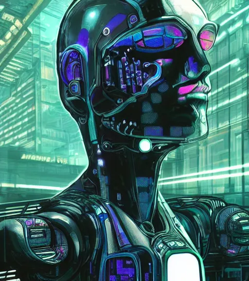 Image similar to robot woman with a hologram for a face, at a cyberpunk market, techwear, dead space, visible face, Industrial Scifi, detailed illustration, character portrait, by Martin Grip and Moebius