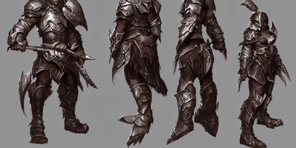 Prompt: ! dream three different views of a tough and intimidating barbarian armor, concept art by senior character artist, trending on artstation, artstation hd, full body