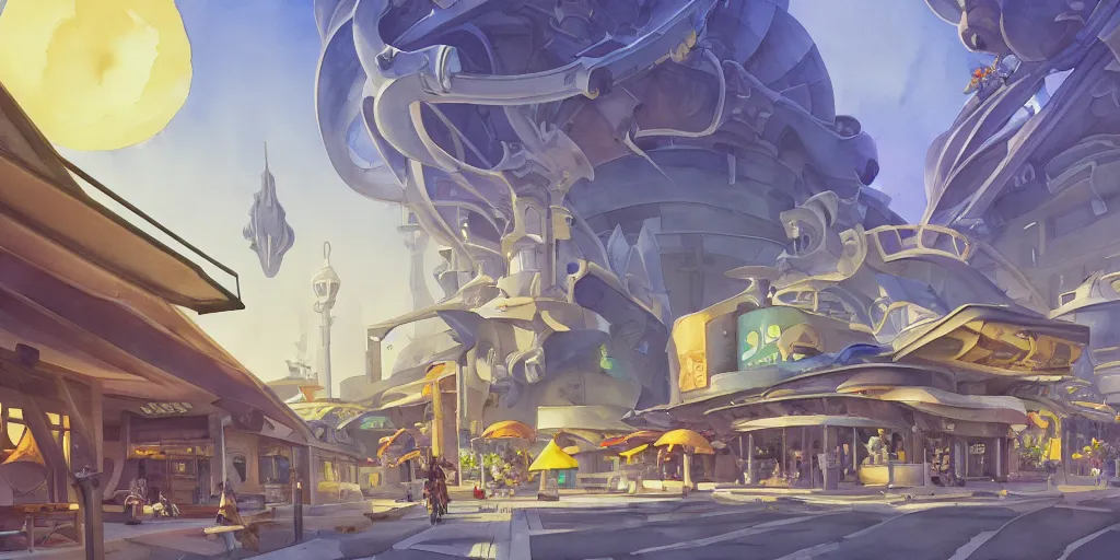 Image similar to overwatch building, stylized, exterior, architecture, in watercolor gouache detailed paintings, insanely detail, artstation, 8 k, futuristic, big medium small, arcane, simon stalenhag, food stall, interesting shapes & form, golden ratio, megastructures, vitaly bulgarov, mall, jungle, environment, nature, zaha hadid, night, afterdark