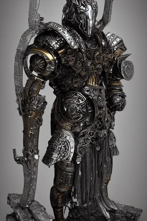 Image similar to hyper realistic glorious ancient celtic god in a obsidian metal armor, futuristic design, designed by makoto kobayashi and luca zampriolo, portrait, cyberpunk style, wood and gold details, intricate, extremely detailed, ornate, deep of field, hard surface, exoskeleton, substance designer metal