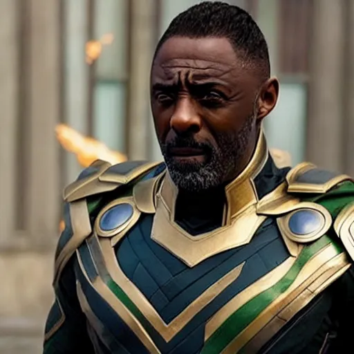 Image similar to film still of Idris Elba as Loki in new Avengers film, photorealistic 8k