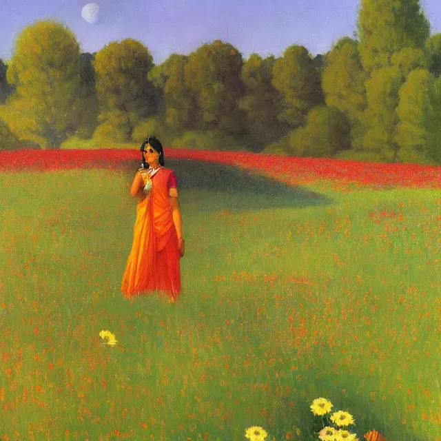 Image similar to hindu goddess kaali in distance looking at you in beautiful meadow of flower, detailed painting by edward hopper