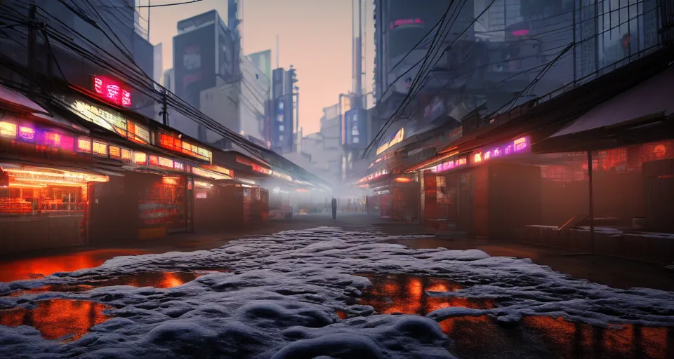 Prompt: photorealistic!! ground level front view, dreary sunset outside a tokyo marketplace after a snowstorm, bright neon signs, sightly foggy, very dramatic lighting, mecha unreal engine 5, marmoset toolbag, ( cyberpunk )