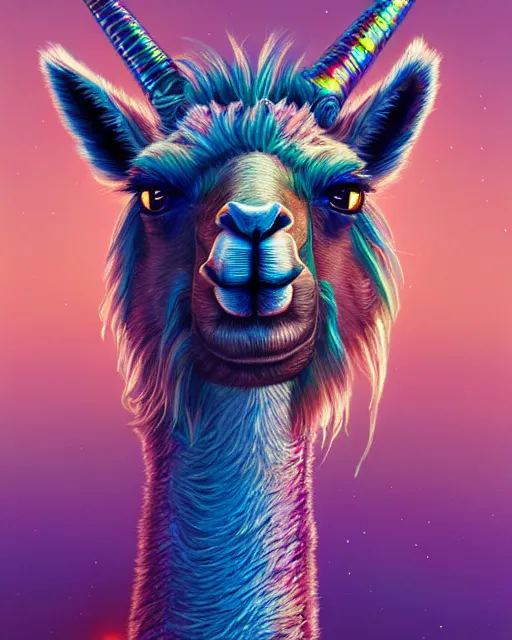 Image similar to highly detailed surreal vfx portrait of a metallic chromatic geometric tribal llama, behance, stephen bliss, unreal engine, greg rutkowski, loish, rhads, beeple, makoto shinkai and lois van baarle, ilya kuvshinov, rossdraws, tom bagshaw, alphonse mucha, global illumination, detailed and intricate environment