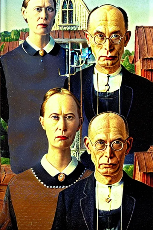 Image similar to Elon Musk with Dmitry Rogozin in style of a painting American Gothic by Grant Wood,