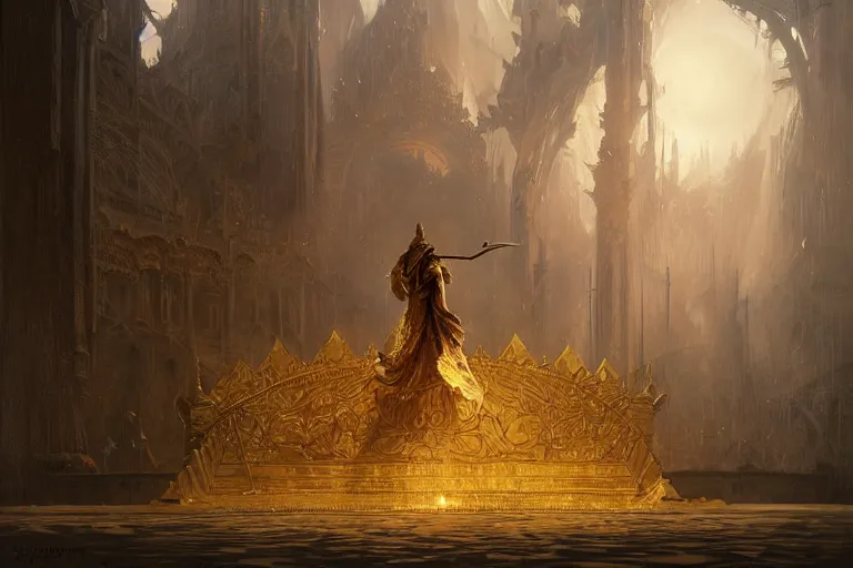 Image similar to and the warrior king sat upon his throne of gold, his enemies dead at his feet, fog, volumetric lighting, intricate, elegant, highly detailed, digital painting, artstation, concept art, smooth, sharp focus, art nouveau, art by artgerm and greg rutkowski and alphonse mucha