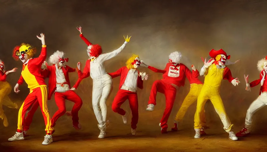 Prompt: highly detailed painting of a group of ronald mcdonalds with red afros, white facepaint, red noses and yellow tracksuits line dancing at a hoedown by william turner, by greg rutkowski, by william constable, thick brush strokes and visible paint layers, 4 k resolution