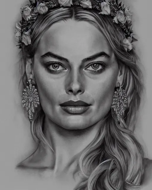 Image similar to realism tattoo sketch of margot robbie as a beautiful greek goddess aphrodite with piercing eyes wearing a laurel wreath and triangle earrings, in the style of greg rutkowski, amazing detail