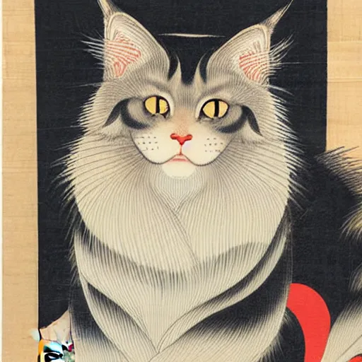 Image similar to beautiful portrait ukiyo - e painting of an ginger maine coon with white beard by kano hideyori, kano tan'yu, kaigetsudo ando, miyagawa choshun, okumura masanobu, kitagawa utamaro