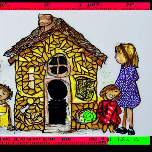 Prompt: drawing of a house with kids made out of food leftovers. Highly detailed. Art by Gordon Ramsey