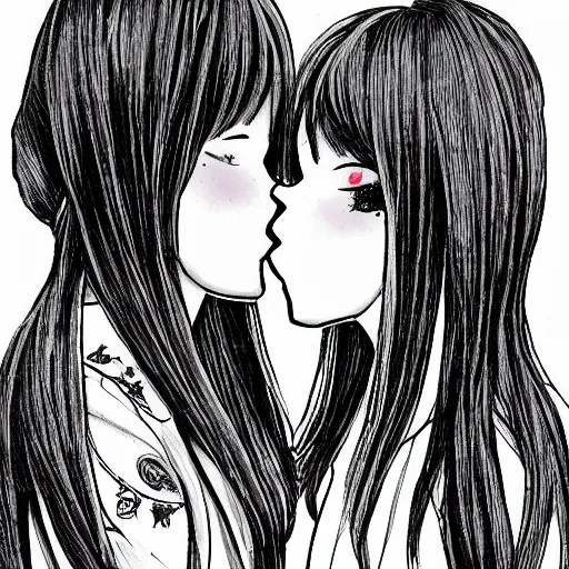 Image similar to portrait of two girls kissing, detailed manga art