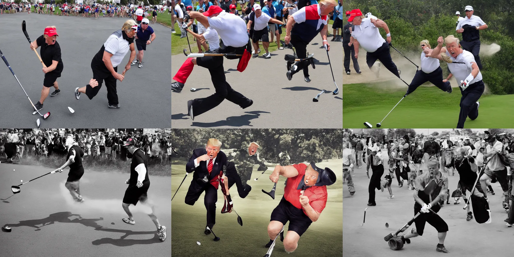 Prompt: action photography : ( subject =! donald trump! running in front of a! steamroller! + subject detail = panicking expression, sweaty, wearing golf shorts, holding golf club, obese )