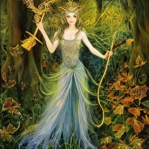 Image similar to fey queen of the summer forest, dress of leaves, fine features, holding a golden scepter, thin, young, silver shimmering hair, by brian froud, dusk scene, night colors, oil on canvas, oil panting