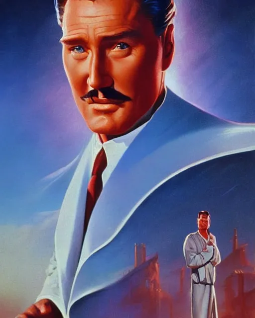 Image similar to Errol Flynn as a scientist. 1980s dystopian Soviet Russia, propaganda screens. Unreal engine, fantasy art by Rhads. Faithfully depicted facial expression, perfect anatomy global illumination, radiant light, detailed and intricate environment